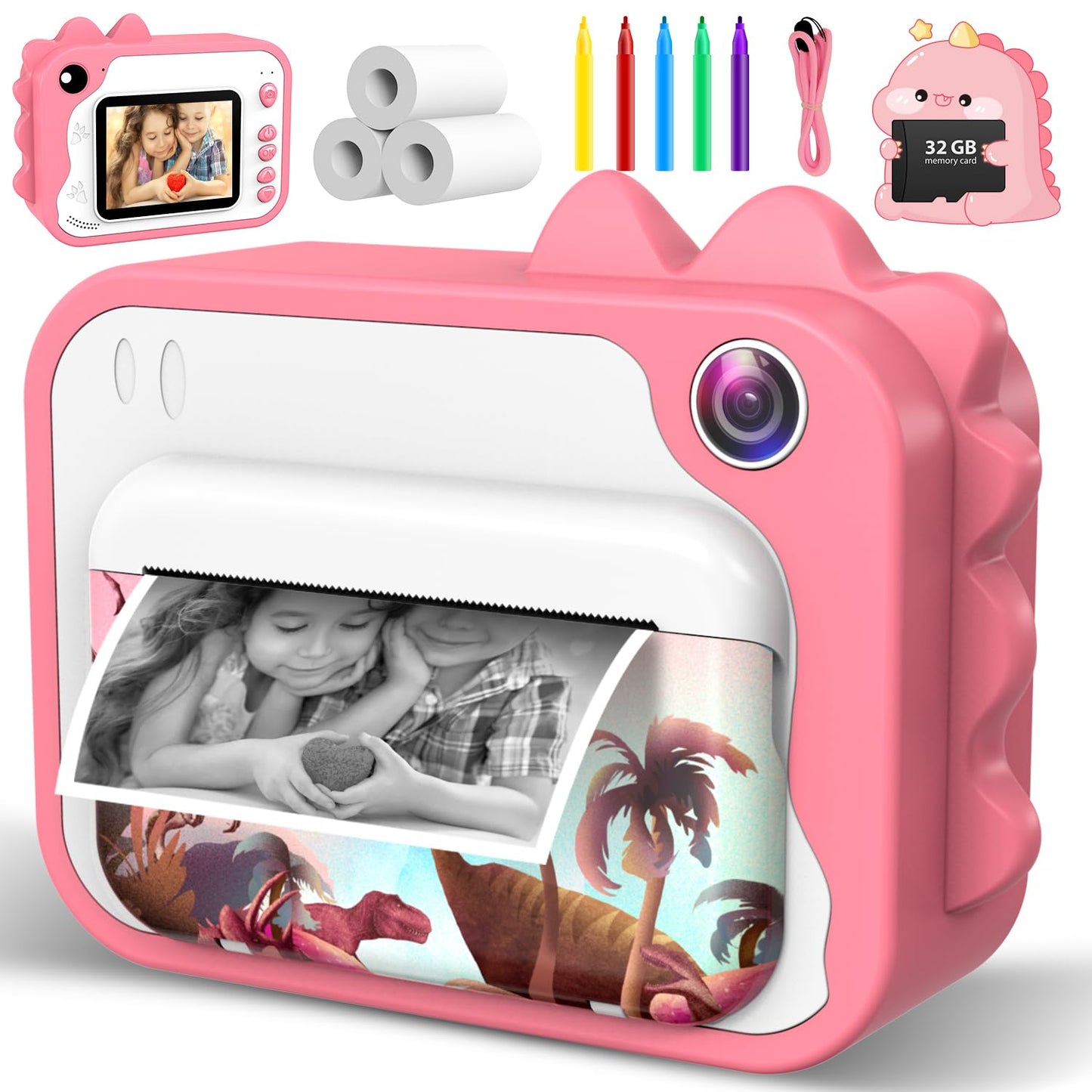 Kids Camera Instant Print, Dinosaur Instant Print Camera for Kids with 1080P Video, 32GB SD Card, 240 Photos, Christmas Birthday Gifts for Boys Girls Ages 3-12 (Pink)