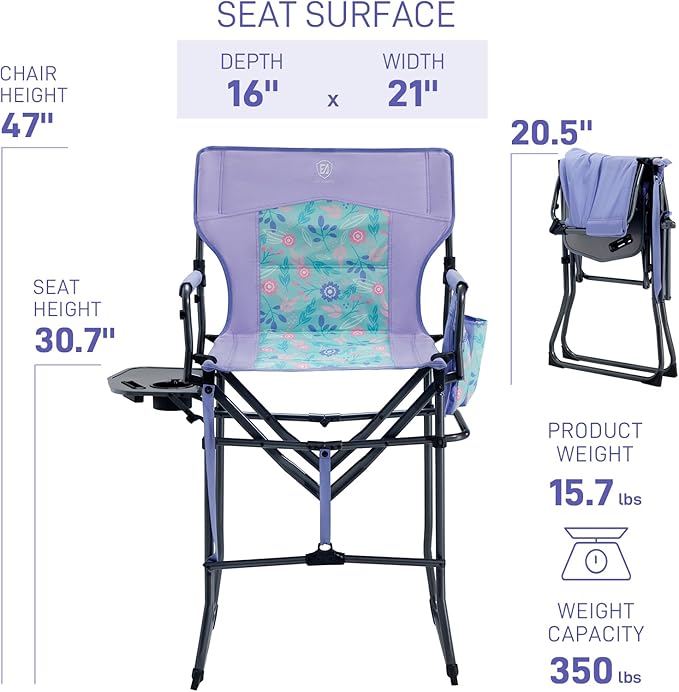 EVER ADVANCED Portable 30.7" Seat Height Tall Folding Chair Directors Chair High Foldable Bar Stool with Side Table for Makeup Artist, Camping, Sports Event, Craft Show, Supports 350LBS Purple