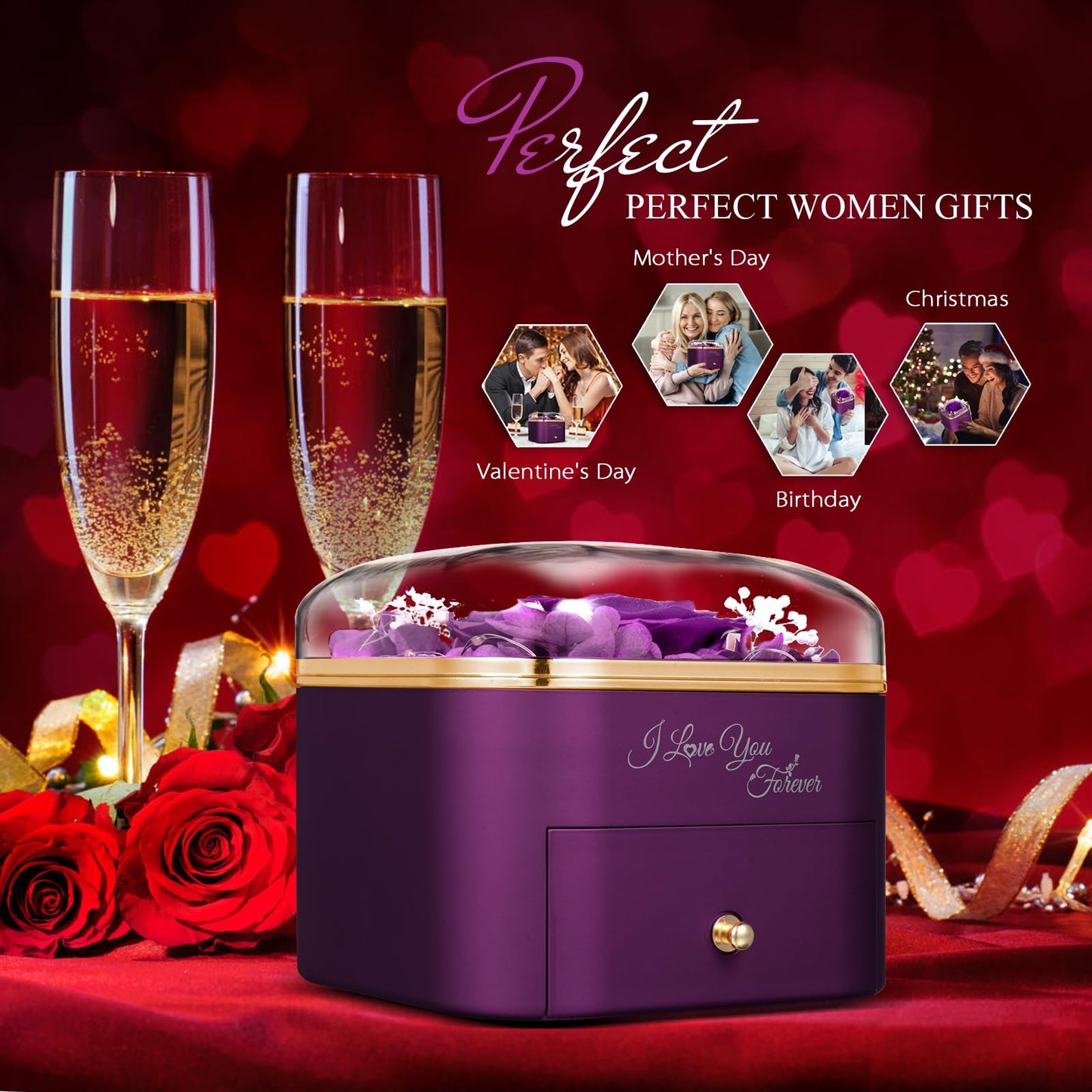 Forever Preserved Rose for Women Mum Wife Girlfriend Eternal Rose Flower Gift Box with Necklace for Her Ideal for Valentines Day Mother's Gifts Birthday for Women Anniversary