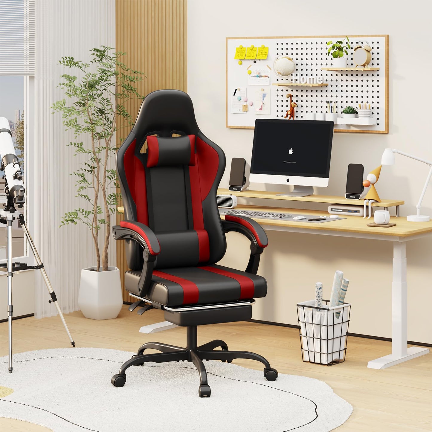 ErgoDesign Gaming Chair with Footrest and Massage Lumbar Support, Height Adjustable Game Chair, Video Gaming Chair for Gaming Room, Living Room and Office - Black/Red