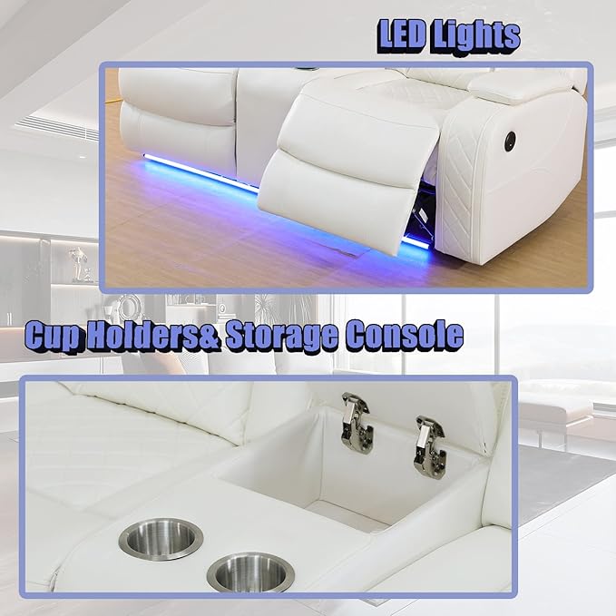 Dekmxas Breathing Leather Power Recliner Sectional Sofa Couch with LED Light, Living Room Furniture Sets,Creamy White Power Reclining Sectional Sofa Set with Storage Console/Cup Holder for Living Room