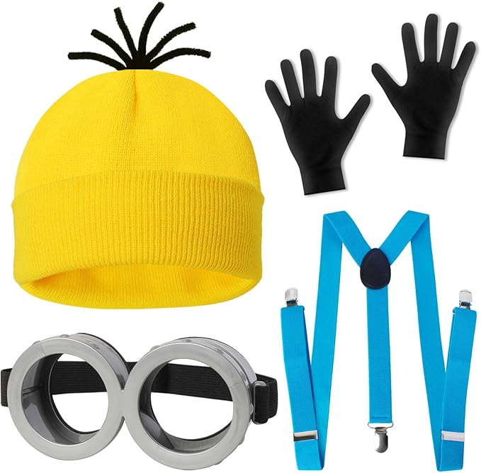 CONGRU 4 Pcs Halloween Costume Accessories Adults-Yellow Beanie Hat/Goggles/Gloves/Suspenders for Halloween Dress Up