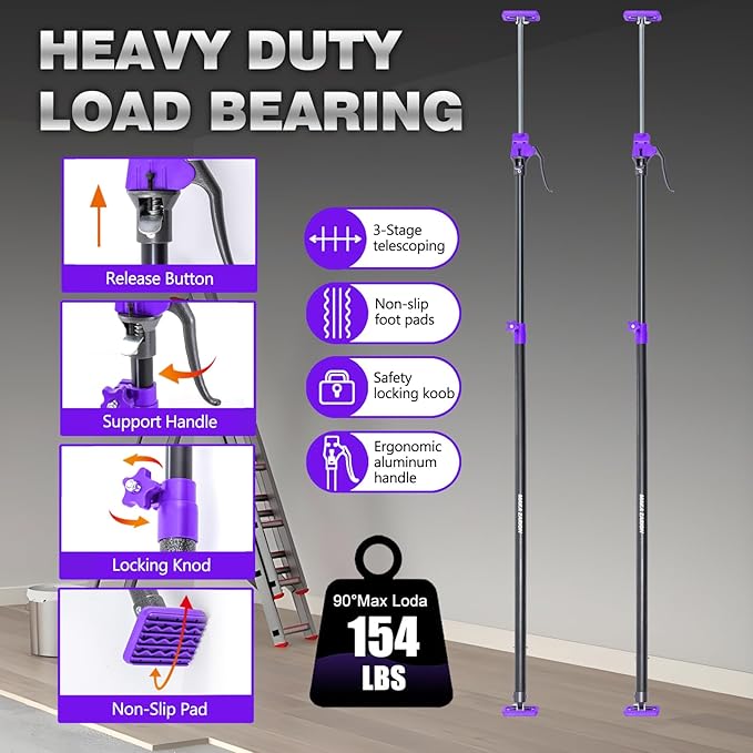 Quality Steel Adjustable Cabinet Jack Support Pole, Quick Support Rod & Cargo Bars, Drywall Jack, Zipwall Dust Barrier System, 3rd Hand Support System 154LB, Extend from 49.2-114.2 in, 2-Pack