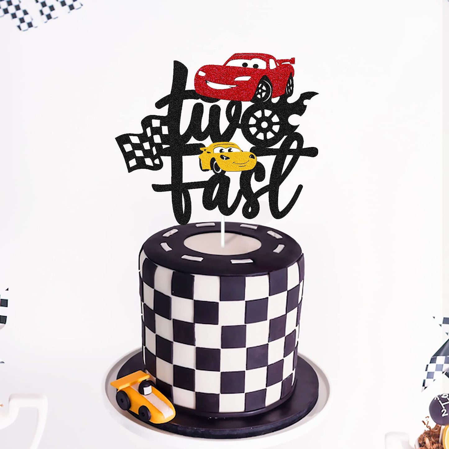Two Fast Cake Topper Race Car 2nd Cake Decoration for Racing Car Checkered Flag Themed Kids Boy Girl 2 Years Old Happy 2s Birthday Party Supplies Double Sided