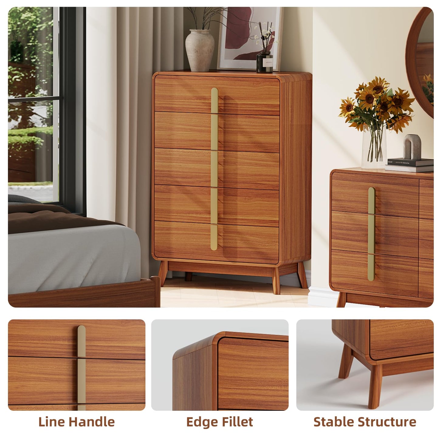 JOINICE,5 Drawer Dresser,Mid Century Modern Dresser with Storage,Tall Modern Chest of Drawers with Metal Handles,Large Wood Drawer Organizer for Bedroom,Living Room,Hallway,Cherry