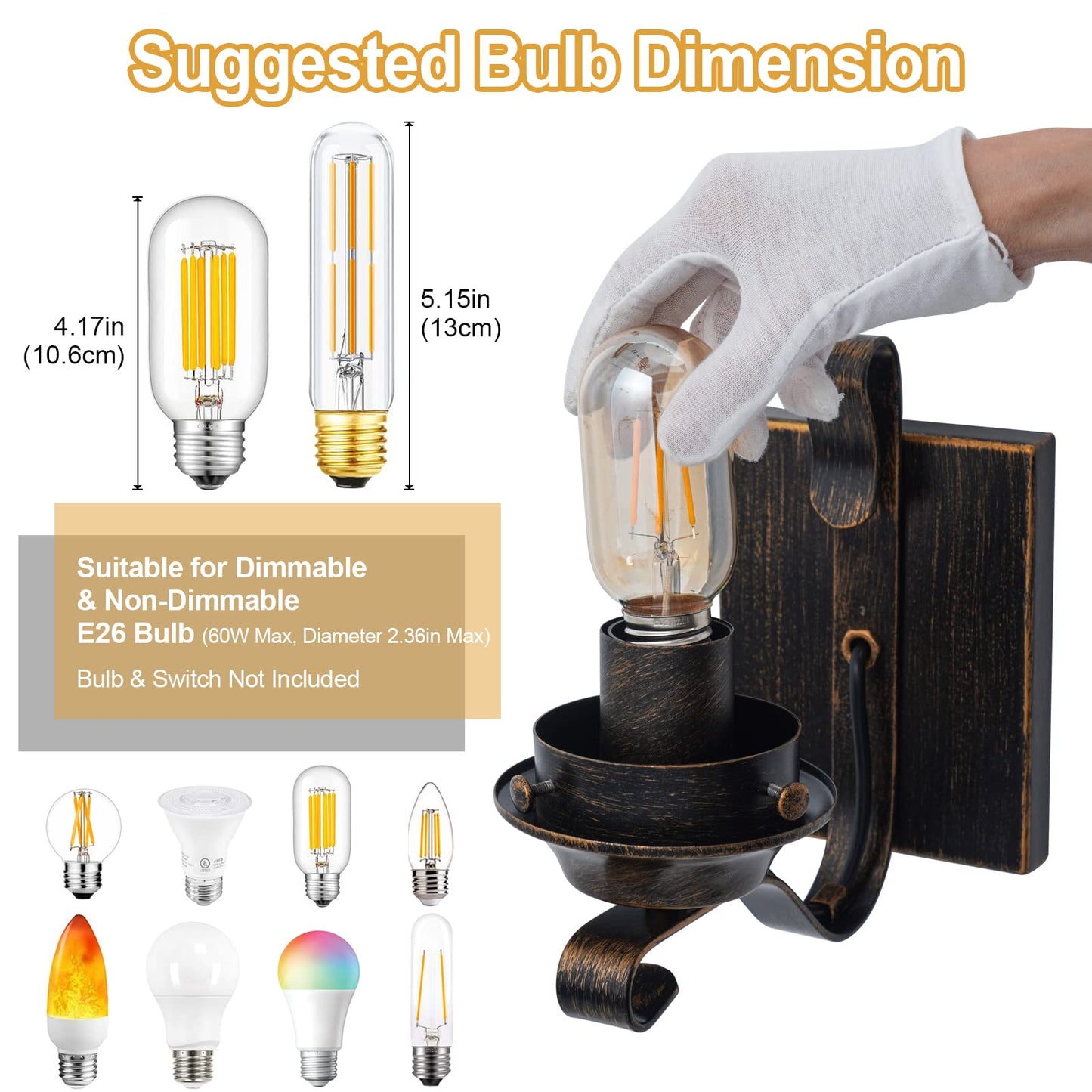 Wall Sconces Sets of 2, Oil Rubbed Bronze Hardwired Wall Sconce Indoor, Retro Rustic Wall Lamps with Amber Glass,Vintage Bedside Sconces Wall Lighting for Living Room Bathroom