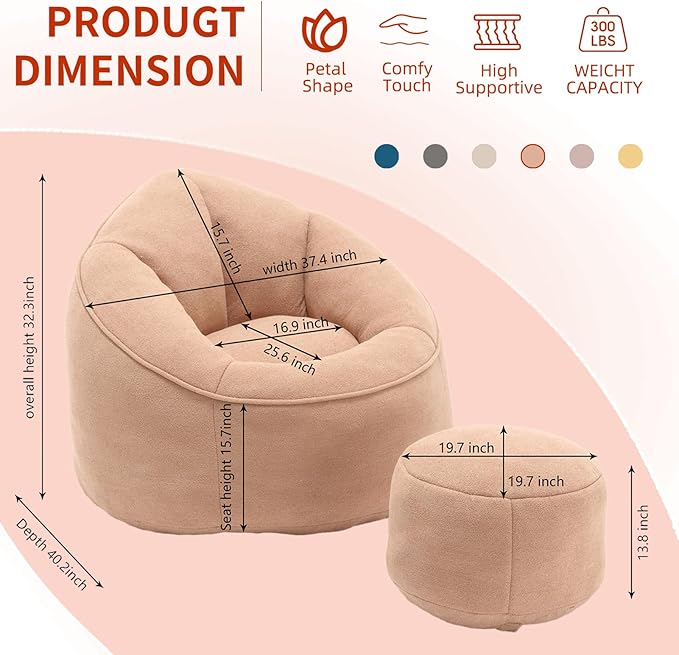 Bean Bag Chairs, Gaint Bean Bag Couch with Memory Foam for Adults and Kids, Microfiber Upholstered Sofa with Ottoman, Comfy Lazy Bean Bag Reading Chair for Living Room