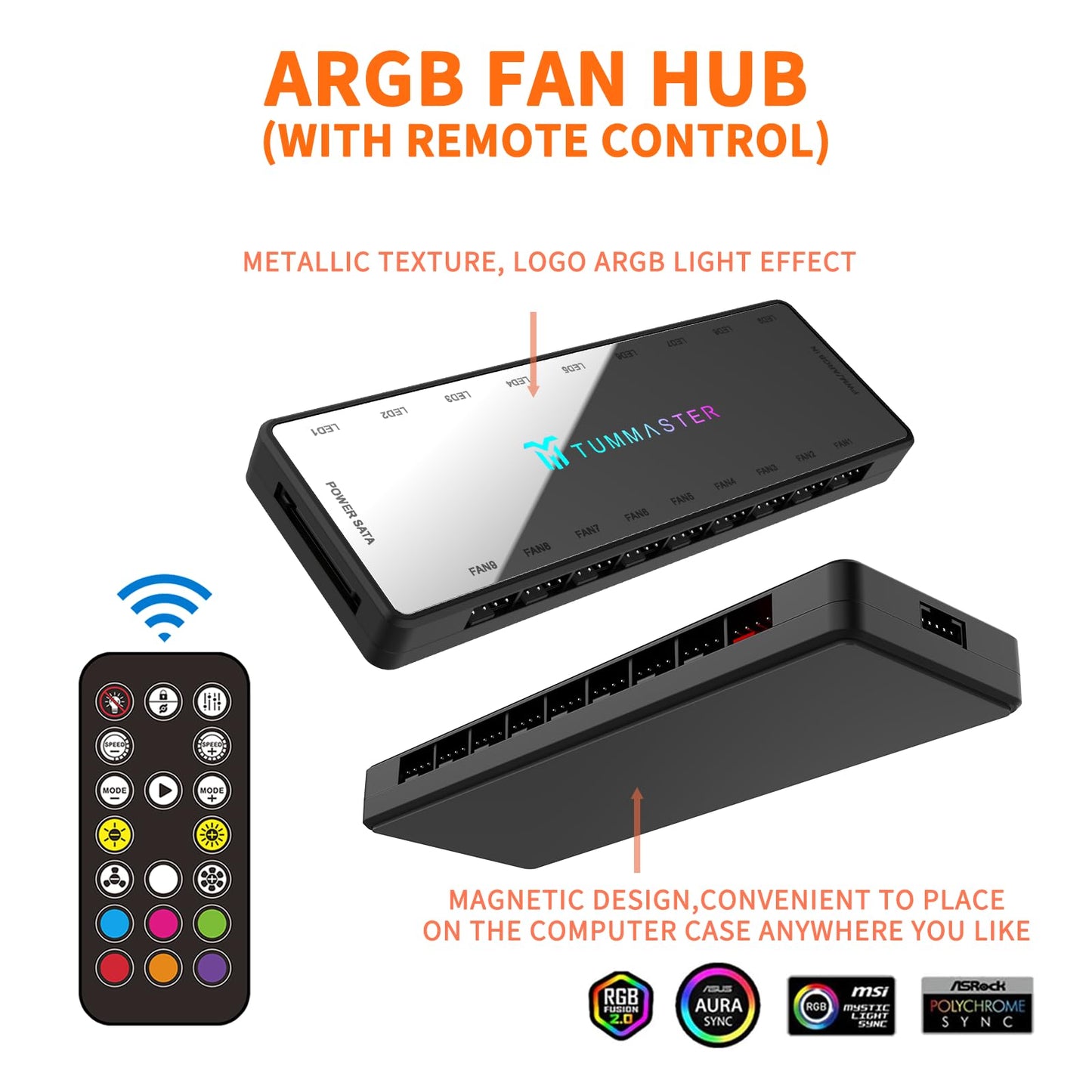 Premium Magnetic Fan Controller Hub With 9 Ports & Argb Illumination - Remote Control For Gaming Pc Builds, Diy Enthusiasts & Ch
