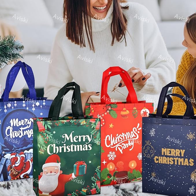 8PCS Christmas Tote Treat Non-Woven Gift Bags with Handles for Gifts Wrapping Shopping, Xmas Party Supplies