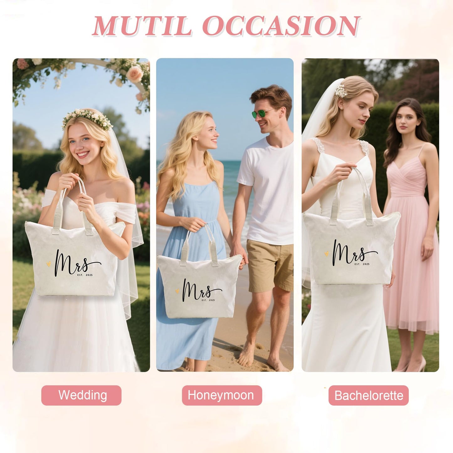 CARAKNOTS Mrs. Bag 2025 Future Mrs Bride Gifts for Wedding Engagement Bachelorette Party Honeymoon Bridal Shower Gifts for Bride to Be Tote Canvas Cotton Beach Shoulder Bag with Zipper and Pocket