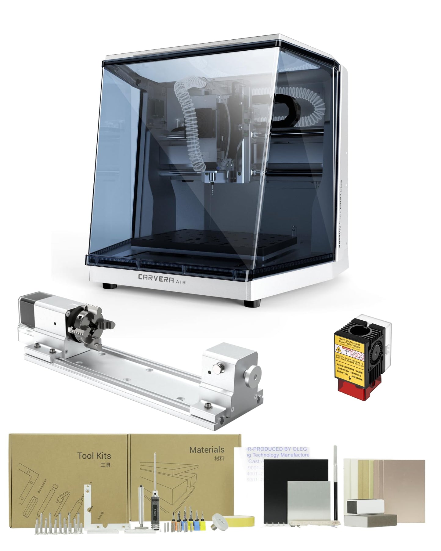 Carvera Air Desktop CNC with 4th Axis and Add-on Module, Compact Enclosed Mini CNC Mill, Quick Tool Changer Closed-Loop Control, Makera CAM, High Precision 4th Axis for DIY Makers Workshops Metal Wood