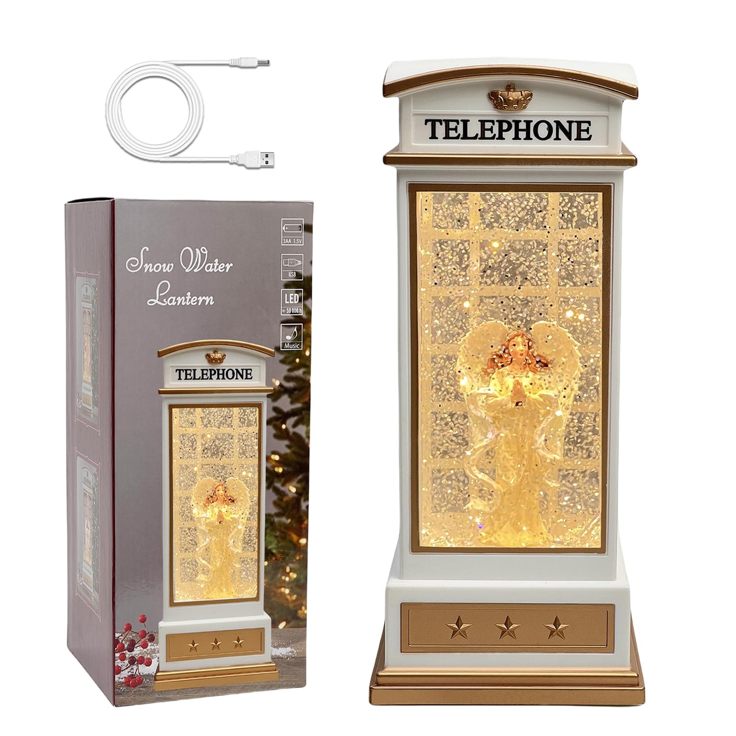 Christmas Snow Globe Lantern - Angel Scene Water Lanterns with Lights and Glitter - White Telephone Booth Decoration - USB or Battery Powered Musical Box for Adults Girls (Angel)