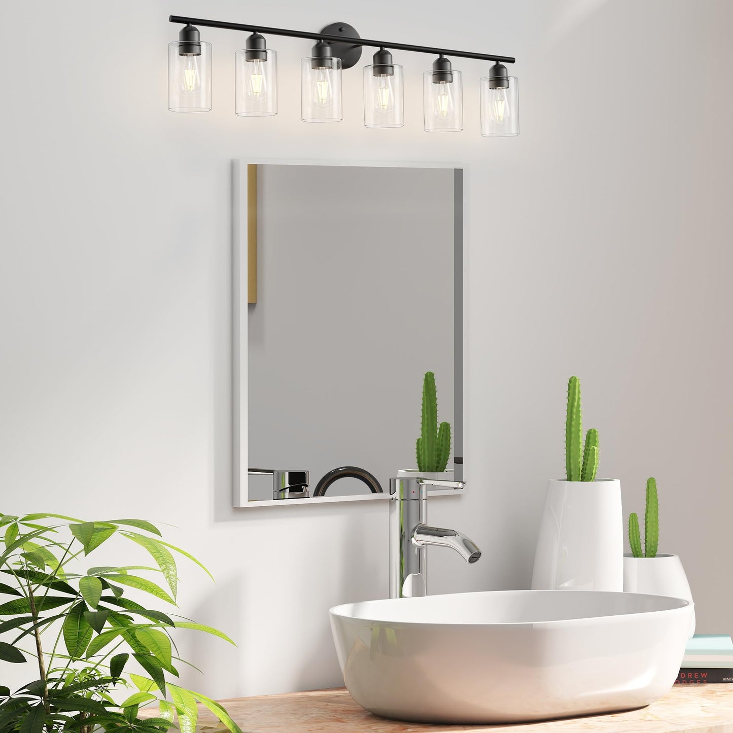 Espird 6 Lights Bathroom Vanity Light Fixtures Matte Black,Rustic Farmhouse Vanity Lighting Over Mirror Modern Industrial Lamp with Cylinder Glass Shade UL Certified