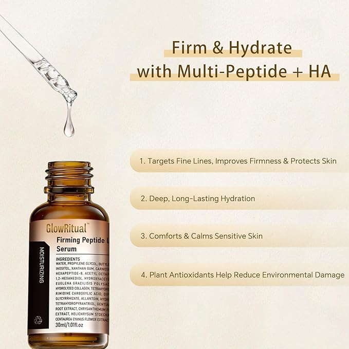 GlowRitual Firming Peptide Lifting Serum — Multi-Peptide + Collagen Serum to Help Improve the Appearance of Fine Lines, Lightweight, Layerable Daily Serum for All Skin Types, 2-Pack
