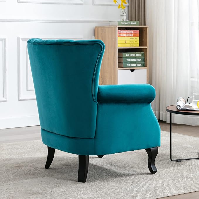 DM Furniture Mid Century Accent Chair Modern Tufted Wingback Armchairs Club Chair Velvet Single Sofa Lounge Chair with Pillow for Living Room, Teal Blue