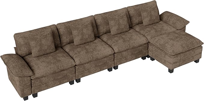 MIXPATIO 157-Inch L Shaped Sectional Sofa with Cloud Cushions, Deep Seat Modular Couch Set w/ 5 Seats & 1 Ottomans, Removable Arms, Plush Chenille Upholstery for Living Room, Apartment - Taupe