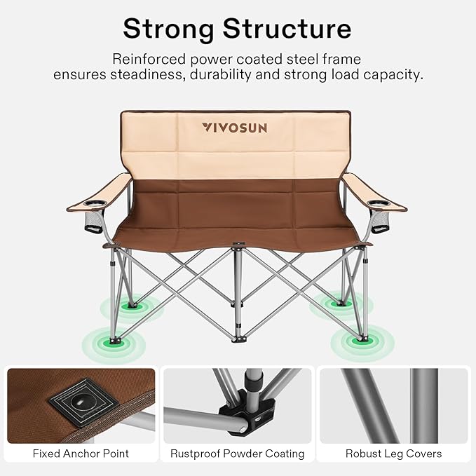 VIVOSUN [outlets] Double Camping Chair, Fully Padded Folding Loveseat, Portable Oversized Duo Chair with Storage Cup Holders, Height-Adjustable Armrests & Carry Bag, Supports up to 500lbs