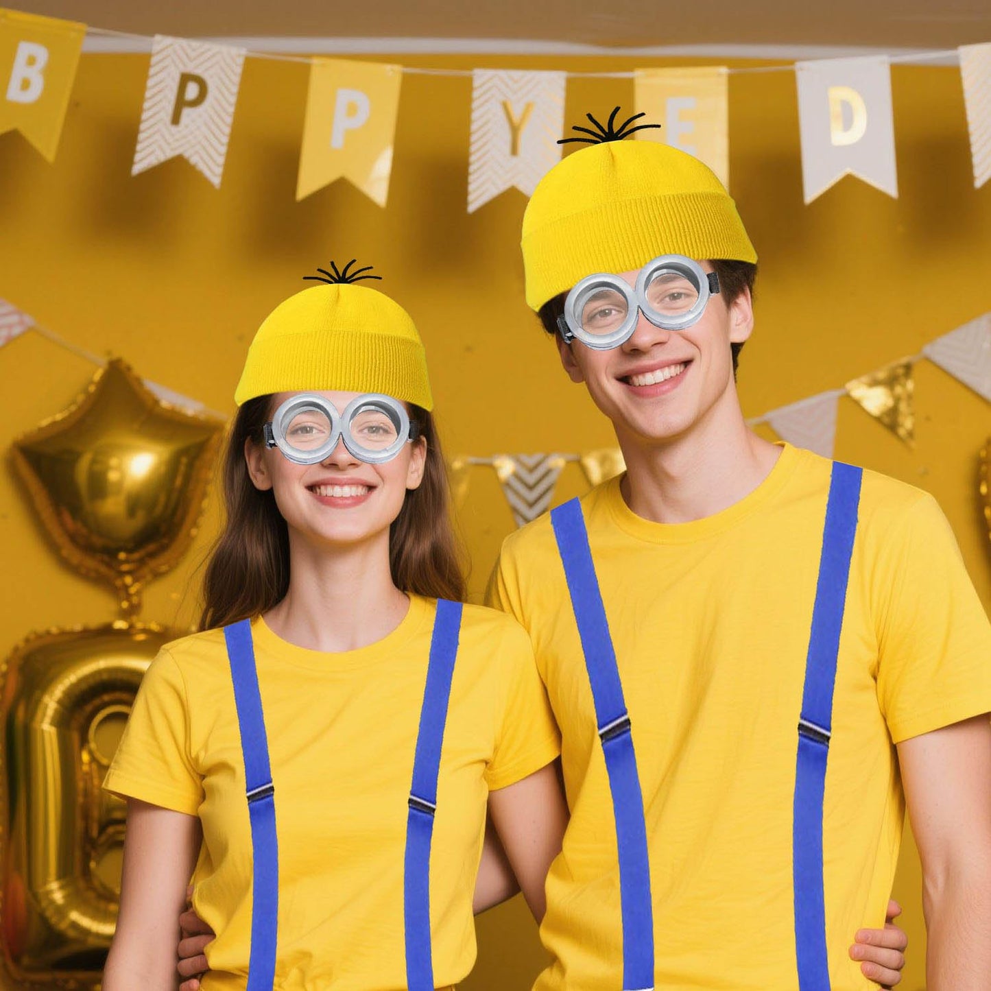 Tiny Chou 5 Pcs Halloween Costume Accessories Set Adult, Goggles Glasses, Yellow Beanie Knitted Hat, Black Gloves, Skirt and Suspenders for Men Women Cosplay Party Halloween Dress Up