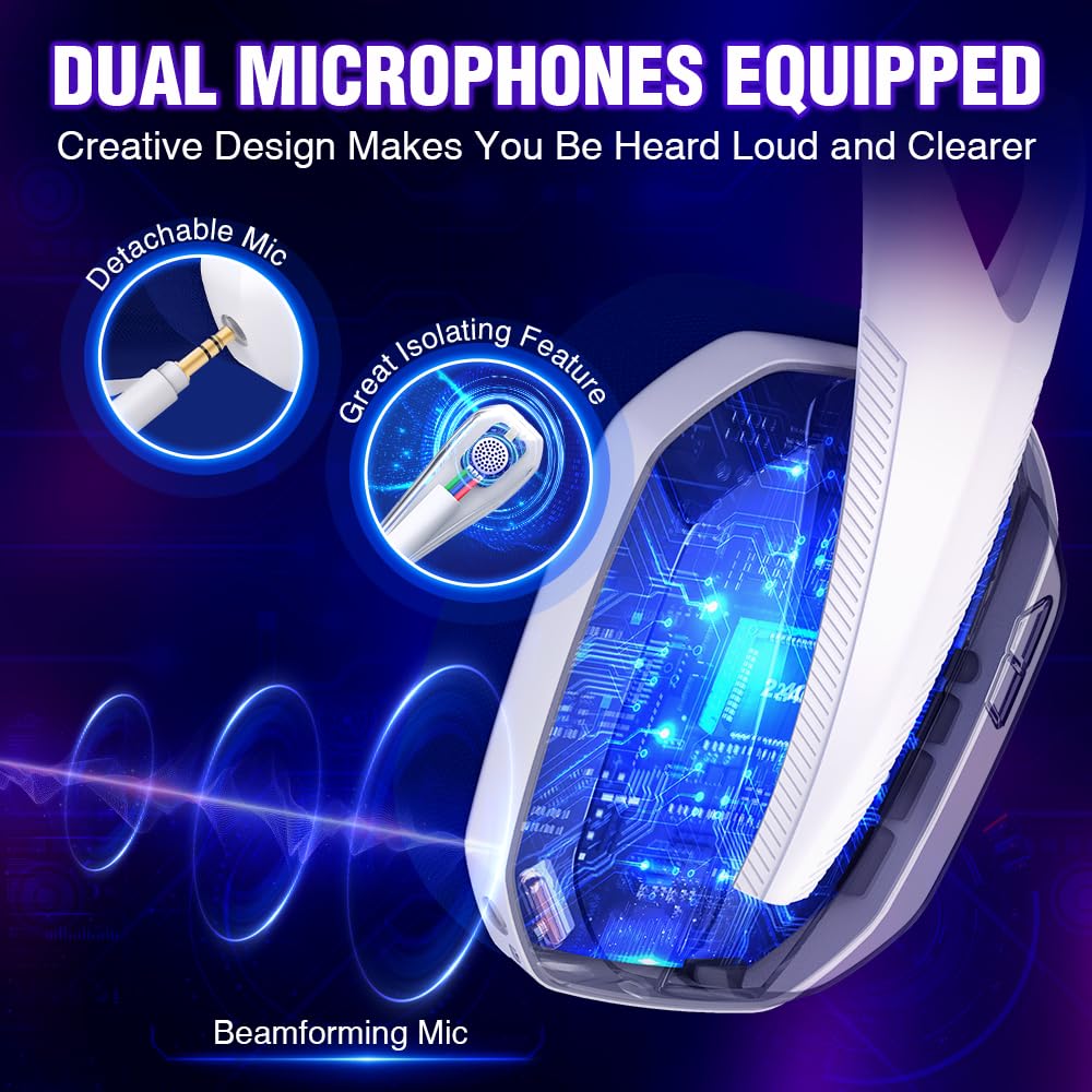 Wolflaws Wireless Gaming Headset For Ps5, Ps4, Pc, Mac, Switch, Bluetooth Over-Ear Headphones With Detachable And Built-In Mics,
