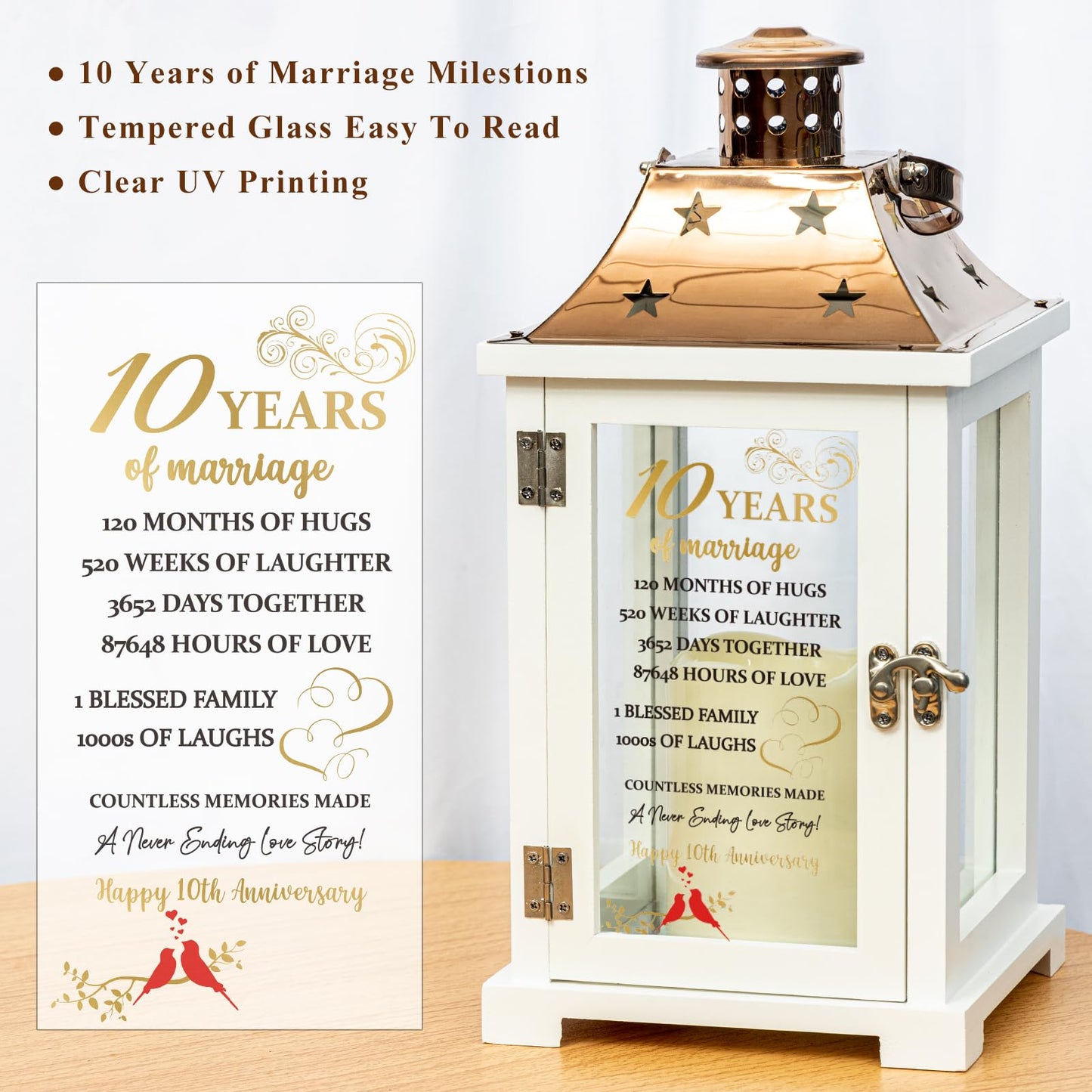 10th Wedding Anniversary Lantern, Happy 10 Years Anniversary Ideas Gift for Wife Husband Couple Parents, Unique Marriage Keepsake Decoration for Him Her Friends