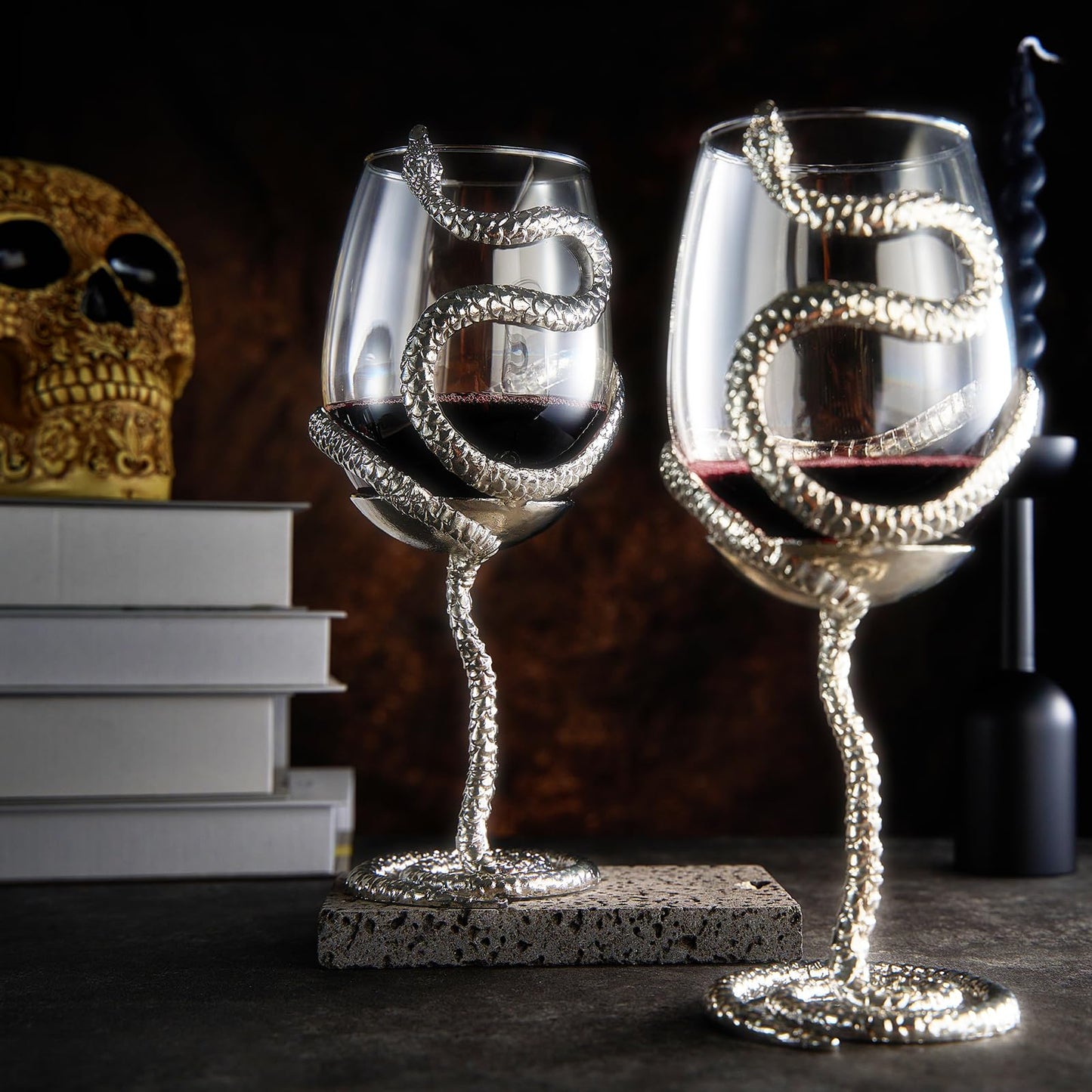 Stemmed Snake Wine Glass | Set of 2 | 19oz Spooky Reptile Glasses 10" H, Gifts, Skeleton Gifts, Skeleton Decor, Spooky Wine Gift Set, Perfect for Themed Parties (Silver)