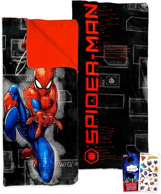 Marvel Spiderman Slumber Bag Set for Boys - Bundle of 54x56 Inches Spider-Man Sleeping Bag, Stickers, More | Spiderman Sil...