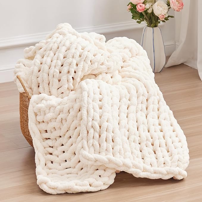 Negwoo Chunky Knit Throw Blanket, 50''*60'' Knitted Throw Chenille Yarn for Bed Couch, Handmade Cream Crochet Big Thick Bl...