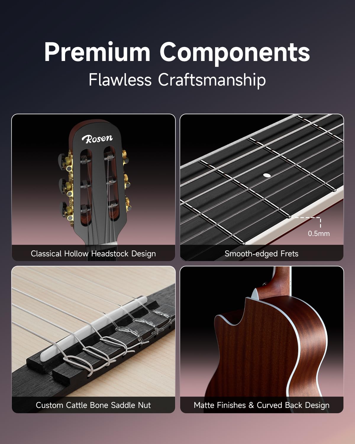 Rosen V1 Hybrid Acoustic Guitar for Beginners Adults Patented Body with Solid Spruce Top & Soft Touch Strings Thin Neck & Open Pore Matte 40 Inch,Black