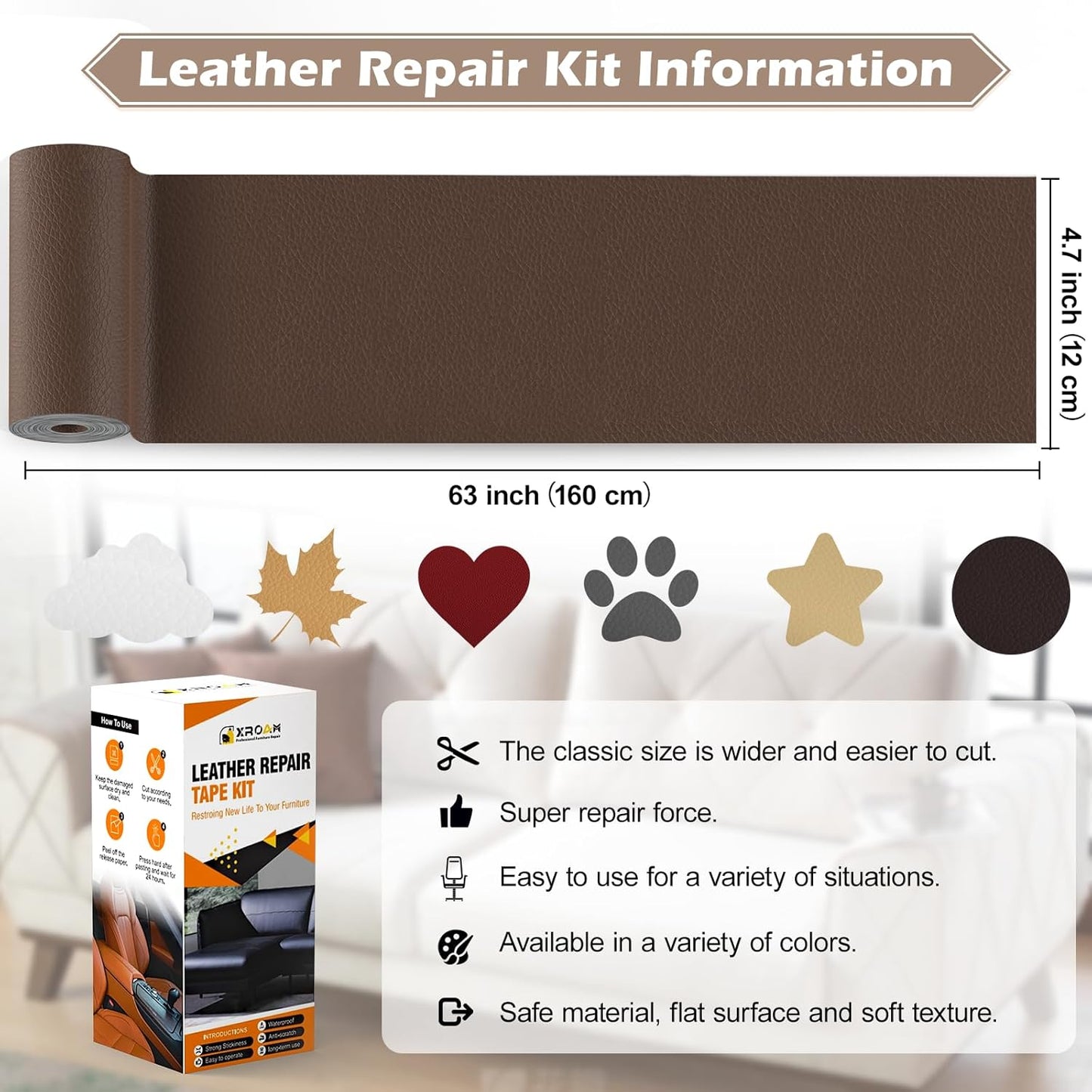 Leather Repair Tape, 4.7x63 inch Leather Patches for Furniture, Self Adhesive Leather Repair Patch for Sofas, Couches, Leather Covers, Seats, Chairs, Vinyl Repair Tape Retro Beige Yellow