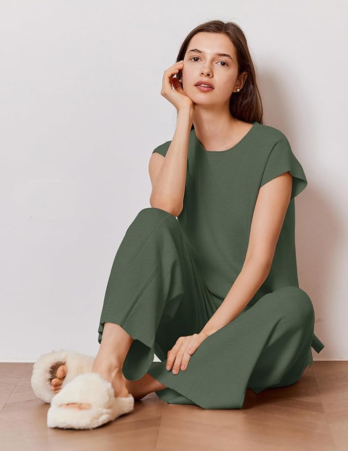 Ekouaer Lounge Sets for Women Two Piece Outfits Knit Cap Sleeve Tops Wide Leg Pleated Pants Casual Dressy Sweater Sets