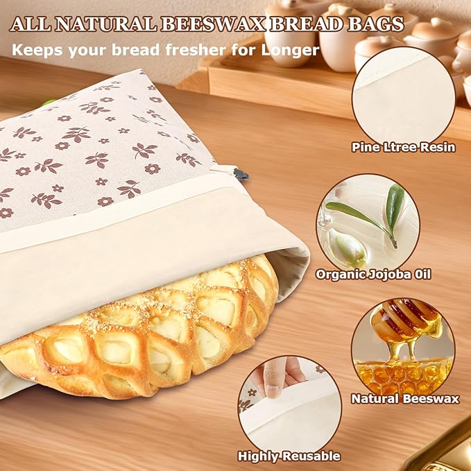 Beeswax Bread Bags, Reusable Linen Organic Beeswax Bread Bags for Sourdough, Keep Freshand and Large Capacity Sourdough Loaf Bag, Coffee Leaf Print Design Storage Bag for Gift