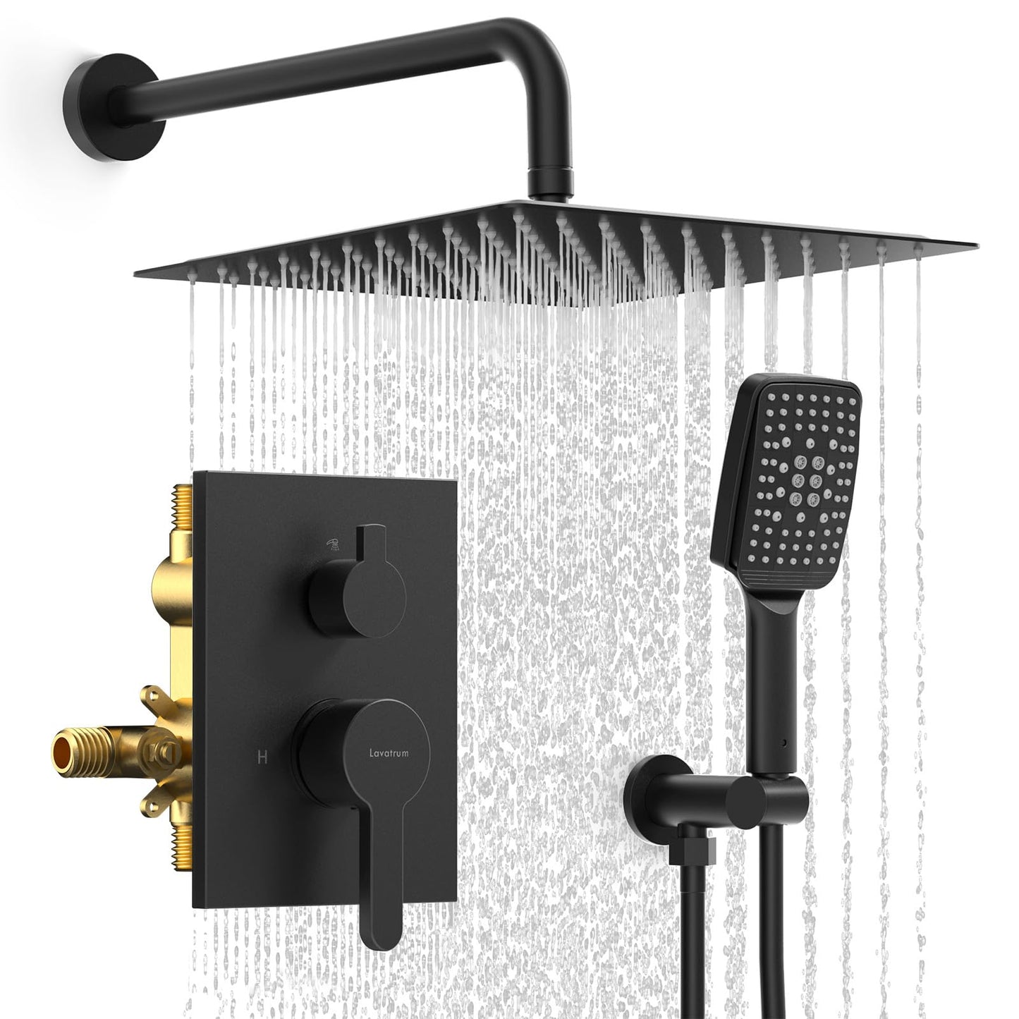 Lavatrum Shower Faucet Set Wall Mounted Shower head with Handheld Comb Rain System 6 Function Pressure Balance - Stainless Steel Bathroom Shower Kit Complete 12 Inch Matte Black(With Valve)