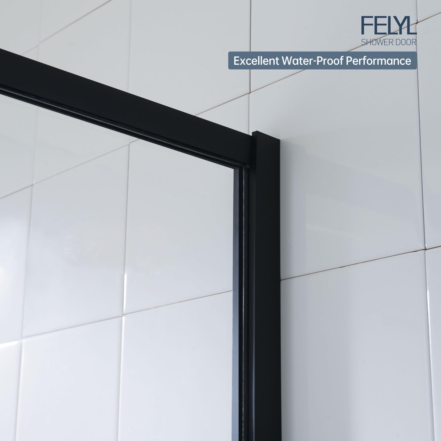 FELYL Black Grid Shower Glass Panel 34" W x 72" H, Matte Black, Framed Fixed Glass Panel, 5/16" (8mm) SGCC Tempered Glass, Reversible Installation