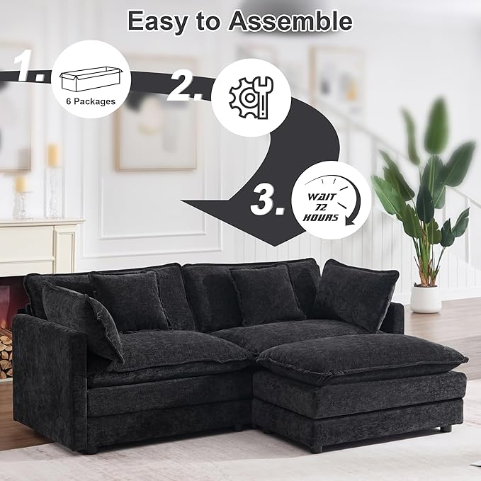 KIVENJAJA Chenille L-Shaped Modular Sectional Sofa, Modern Loveseat Comfy Deep Seat Cloud Couch with Ottoman/Chaise & 4 Pillows for Living Room Office Apartment, 76.7" W, Black