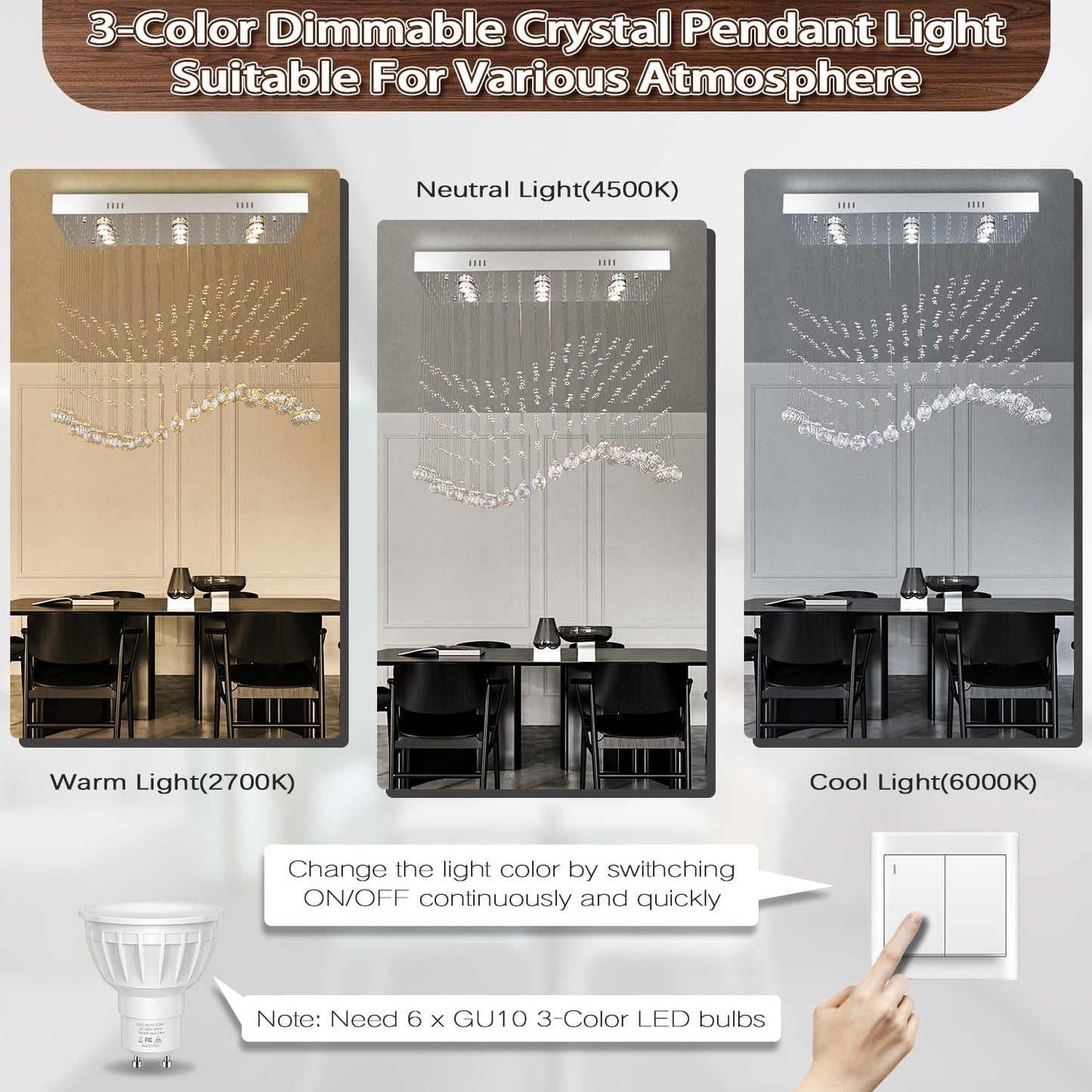 Finktonglan Linear Crystal Chandelier for Kitchen Island, 31.5'' Rectangular K9 Crystal Island Chandelier, 6-Light GU10 Height Adjustable Modern Dining Room Ceiling Light
