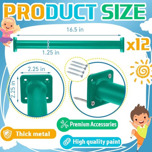 Dunzy 12 Pack Monkey Bars Swing Set Accessories Rods Playset Ladder Rungs Hardware Kit Steel Monkey Bar with Screws for Backyard Playground Equipment Mounting Plates(16.5 Inch,Green)