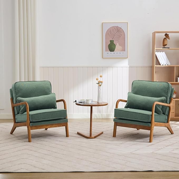 SEYNAR Mid-Century Accent Chair, Linen Fabric Lounge Chair with Wide Armrest,13-16.5'' Low Seat Height Armchair with Lumbar Pillow & Solid Wood Frame for Living Room, Bedroom, Balcony(Green)