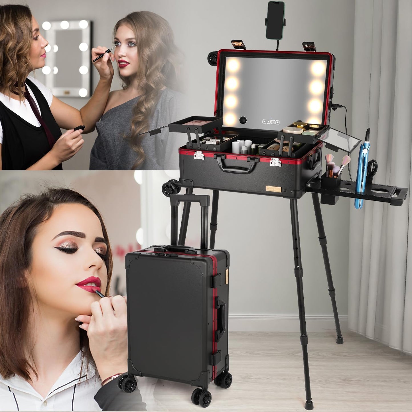 Tense Edano 20" Aluminum Ligthed Makeup Train Case with LED Lights Professional Cosmetic Organizer Studio with Speaker, Wheels and Stands Rolling Trolley Makeup Vanity Station for Travel (Black)