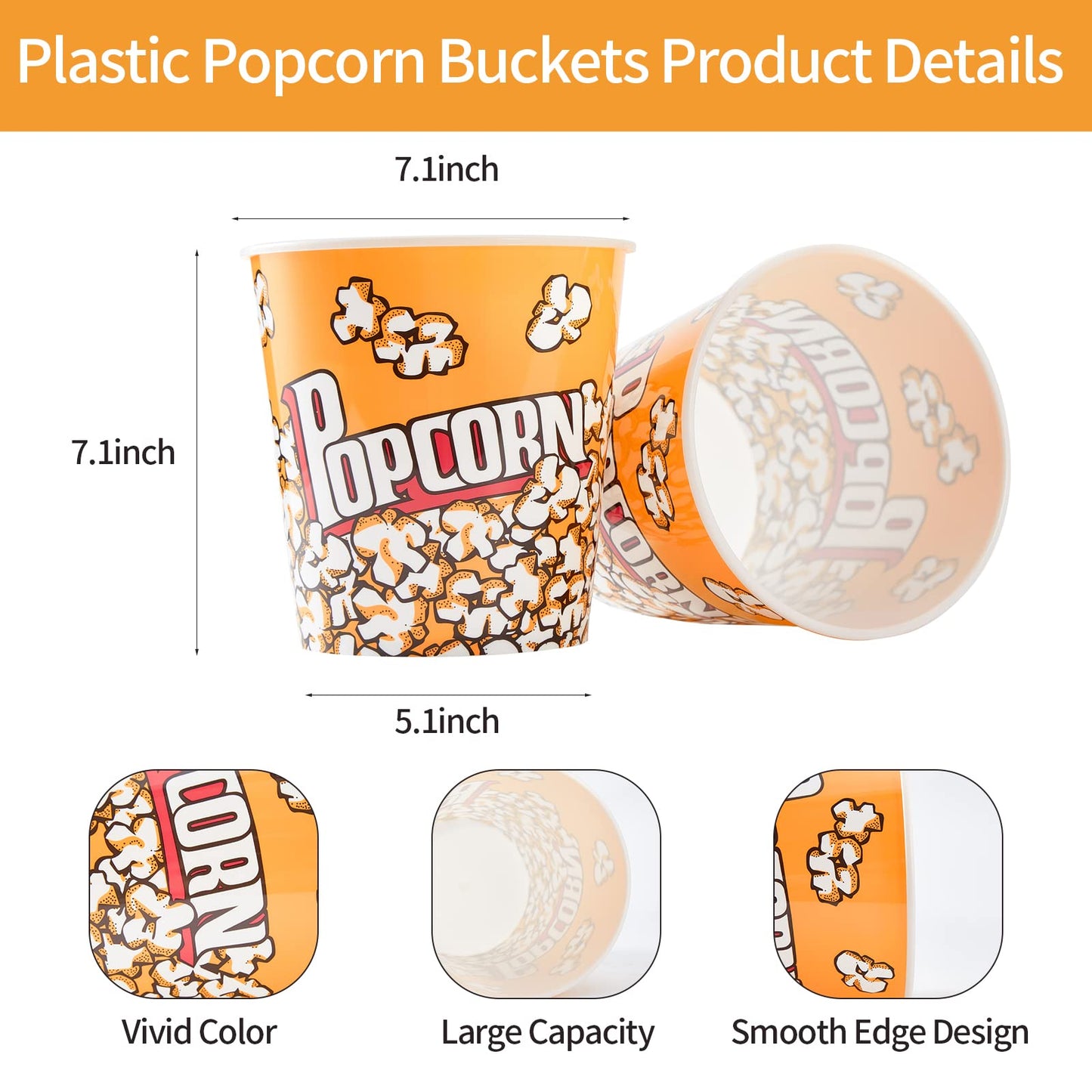 RAYMEA Plastic Popcorn Containers Retro Style Reusable Popcorn Buckets for Movie Night 7.1”x7.1”x5.1” (5 Pack)…