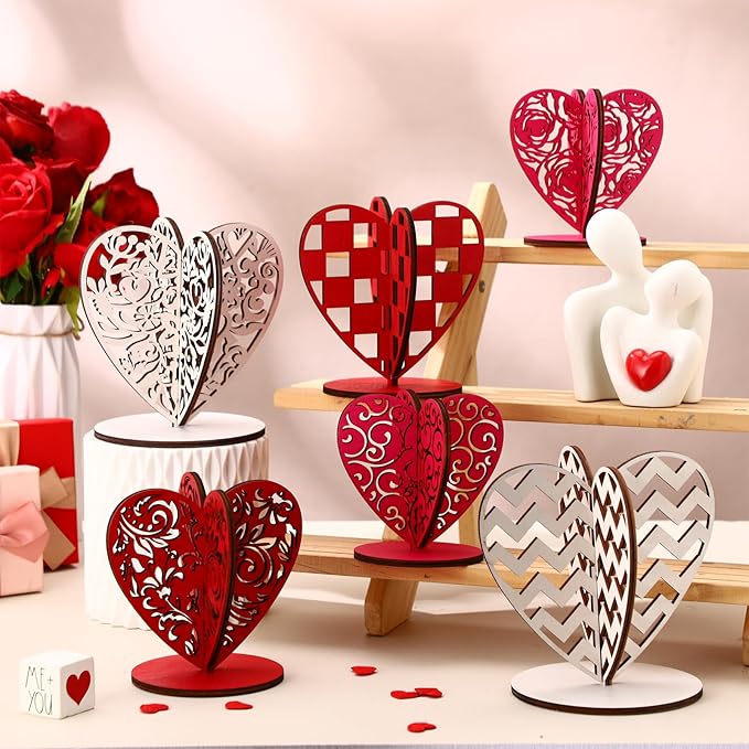 Soaoo 12 Pcs Valentine's Day Table Decor Wooden Valentines Decorations Heart Shaped Tabletop Centerpiece Sign Farmhouse Ho...