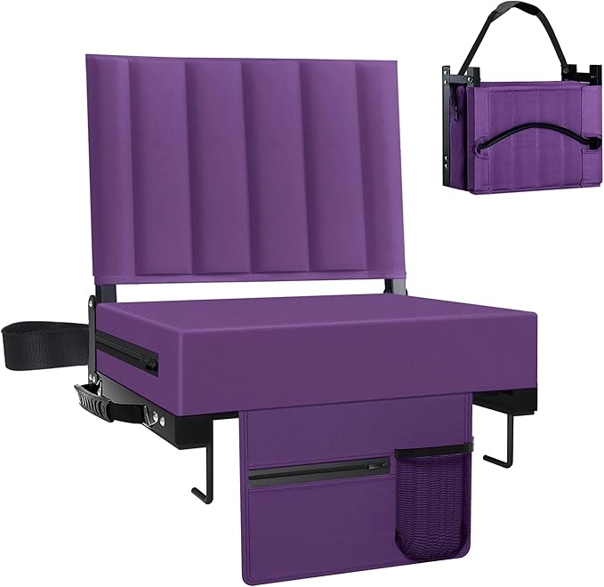 Aliphon Stadium Seat for Bleachers with Back Support and Cushion, Bleacher Seats with Shoulder Strap and Cup Holder, Padded Portable Folding Comfort Stadium Chair, for Sports Events, Purple(1pcs)