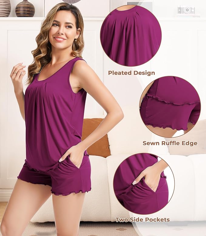 NACHILA Pajamas for Women-Viscose from Bamboo, Ribbed Racerback Tank Top Sexy Split Shorts Pajama Sets Cooling Sleep Cami Pjs