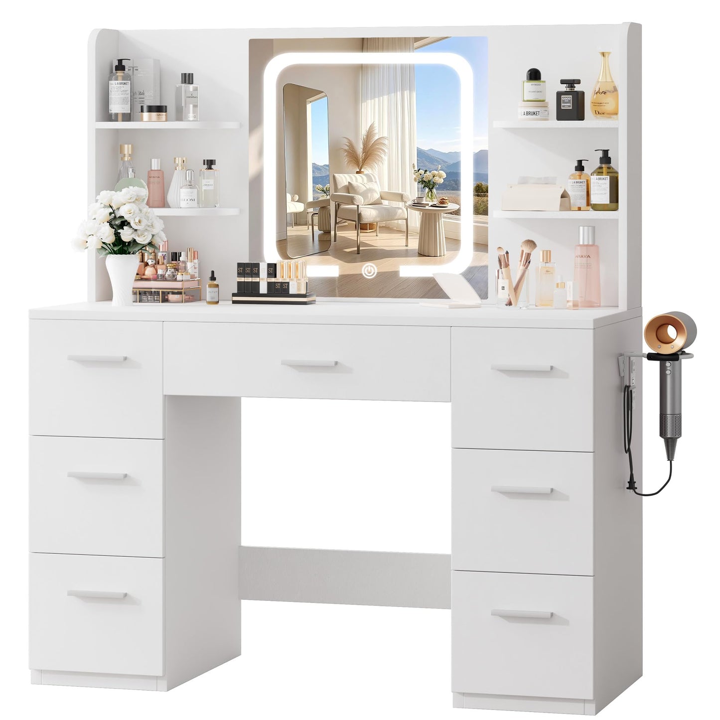LIVELYGLOW 43" Large Makeup Vanity Desk with Smart LED Mirror and Charging Station, Professional Bedroom Dressing Table with 7 Drawers, 4 Storage Shelves & Hairdryer Holder, White