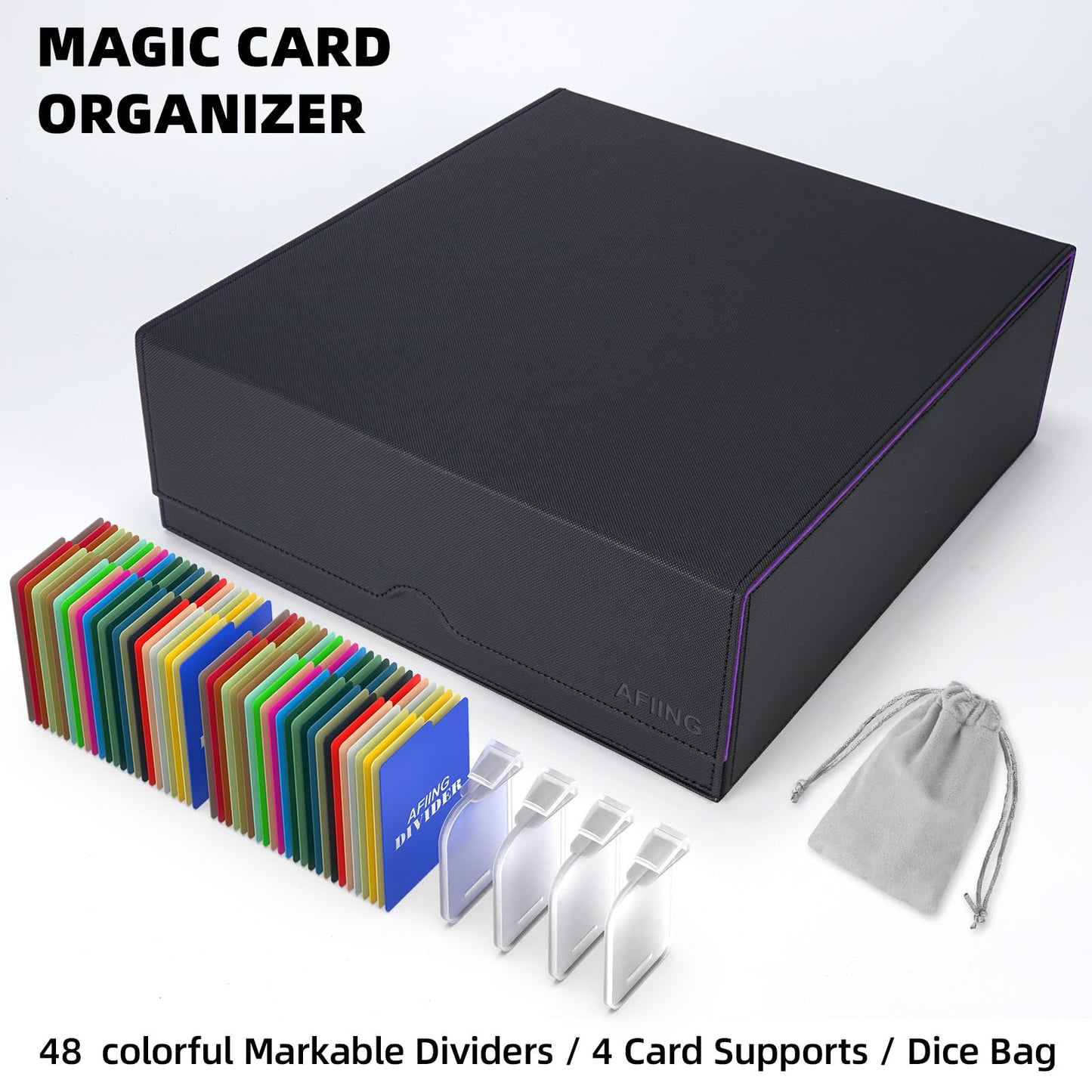 AFIING 4-Row [3200+] Trading Card Storage Box,card Organizer Holder With 4 suppoters & 48 Dividers, Case Fit for Mtg Tcg Magic Commander Deck Playing Cards, Deck Box for Baseball Sport cards Purple