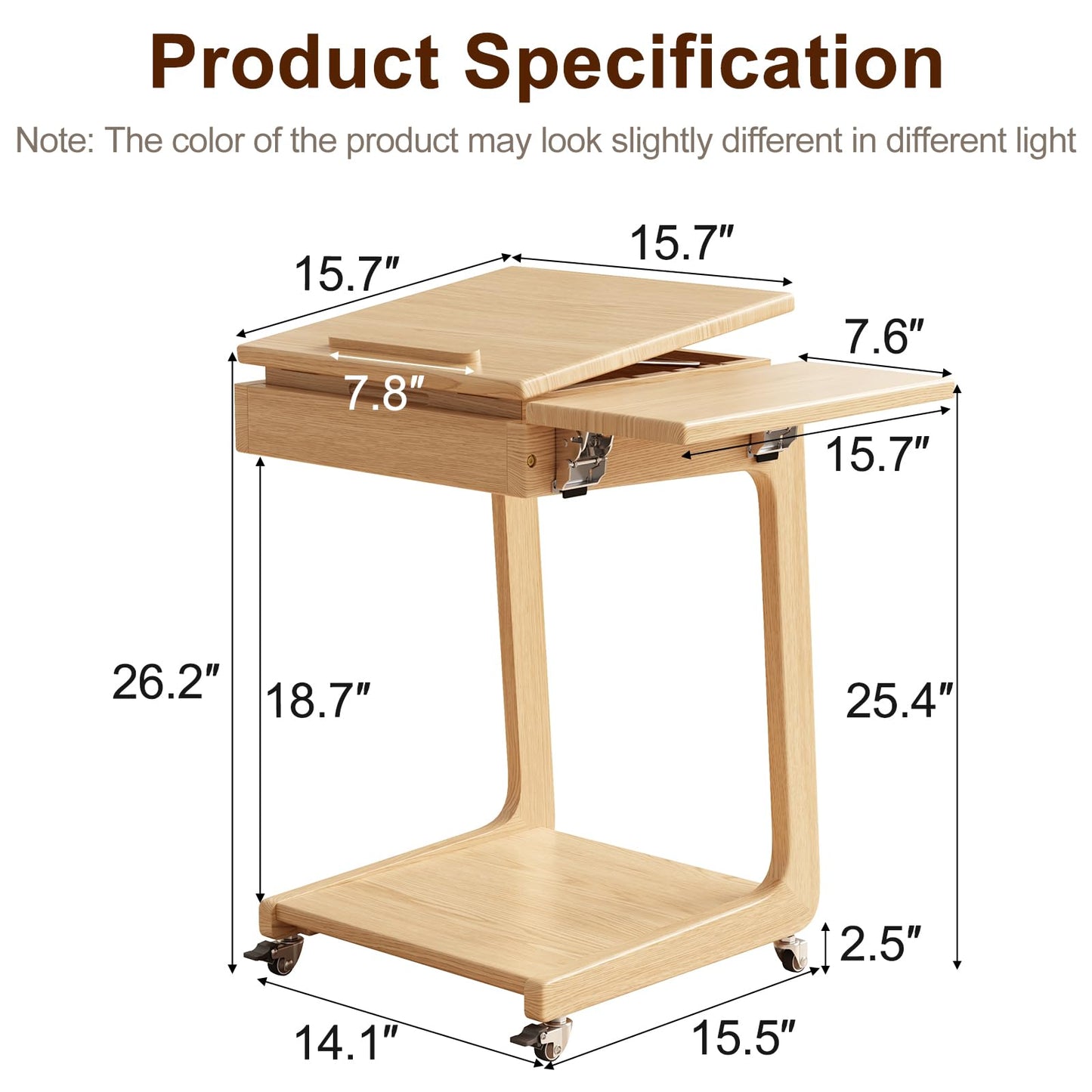 Solid Wood C Shaped End Table for Couch,Rolling C Table with Wheels,Small Side Table with Adjustable Desktop,Couch Desk with Storage,Rolling Tv Tray with Folding Shelf,Modern Bedside Table(Natural)
