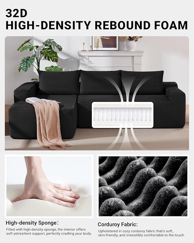 96 Inch Cloud Sectional Couch,Modern Modular Sectional Sofa with Deep Seat,Corduroy Boneless Couches with L-Shape Chaise for Living Room Bedroom,No Assembly Required (Black, Left Facing Chaise)