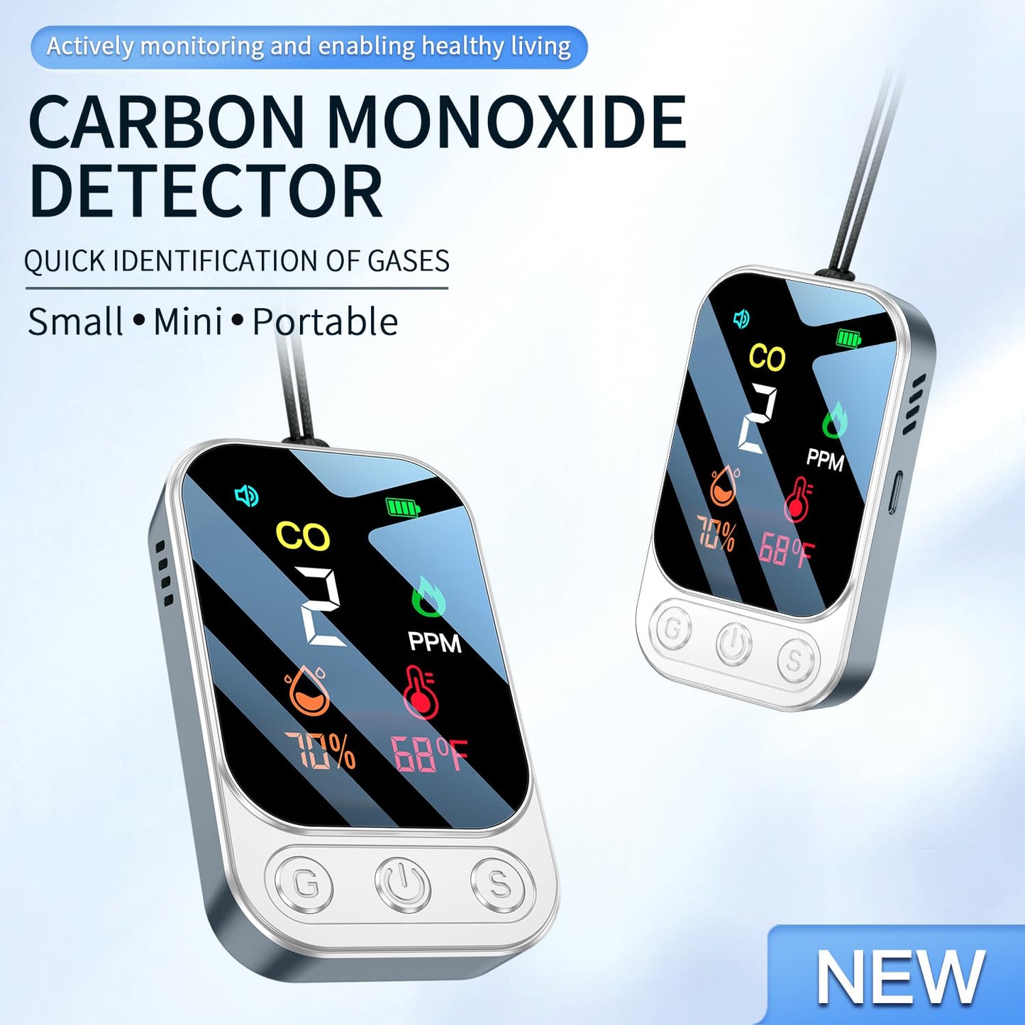 HAKINAKU Portable Carbon Monoxide Detectors [3-in-1] Mini Size CO Monitor with Kickstand & Lanyard Alarm [ CO Temperature Humidity Sensor ] for Outdoor Camping Travel RV Home Hotel (3IN1 Grey)