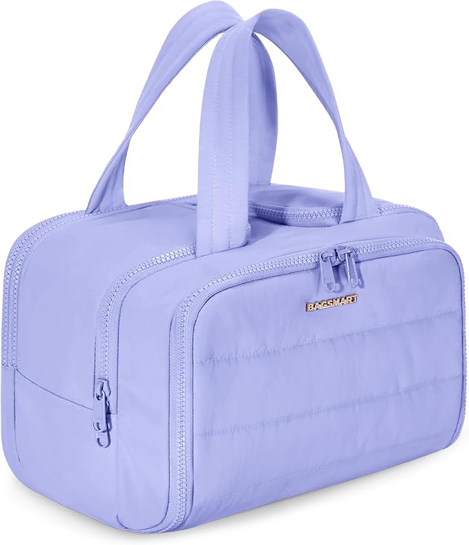 BAGSMART Travel Toiletry Bag, Lightweight Large Wide-open Travel Bag for Women, Puffy Cosmetic Makeup Bag Organizer with Handle for Accessories,Essentials, Toiletries, Purple