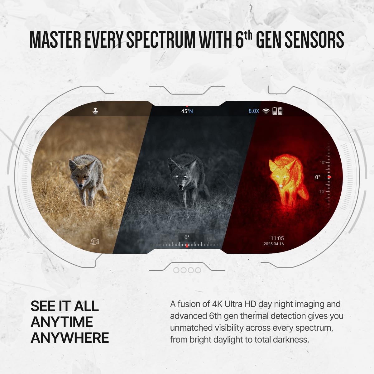 ATN Binox 6 Dual Multispectral Binoculars w/Thermal + 4K Day/Night/Twilight, 1,000 m Laser Rangefinder, Wi-Fi, 64GB, IP67 (640×512, 3-24×)