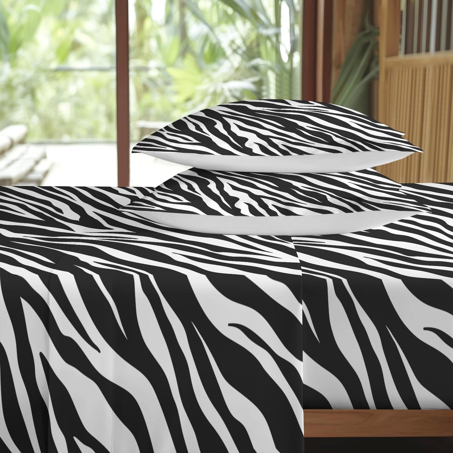 Pamnest Queen Size Bed Sheet Sets, Tiger Zebra Stripe Animal Soft Microfiber 4 Pcs Bedding Sets for Kids and Adults Bedroom Bed Decor, Black White Flat, Fitted Sheet and Pillowcases